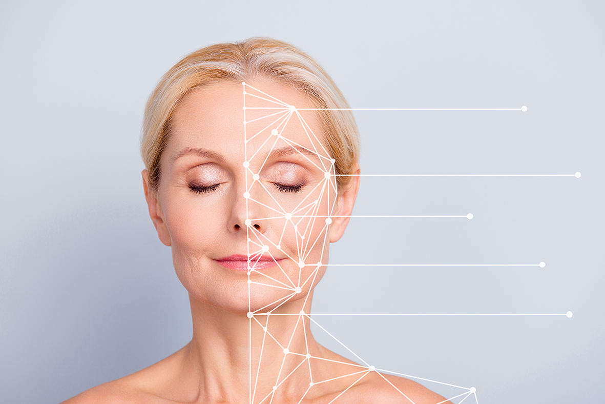 Collage close-up portrait of nice charming pretty attractive woman with perfect smooth soft skin after cream balm mask lotion lines showing places pieces of face isolated on gray pastel background